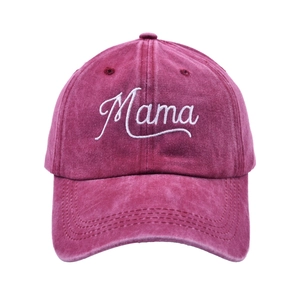 Distressed vintage baseball cap in burgundy denim featuring white Mama embroidery on front
