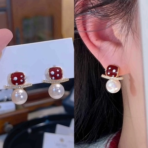 18K gold plated square red earrings with white dots and dangling pearls for women