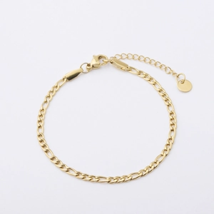 Figaro Chain Bracelet Stainless Steel 18K Gold Plated Adjustable Minimalist Jewelry With Round Disc Charm For Women Men