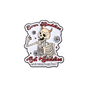 Punk skeleton ghost enamel pin with Even Baddies Get Saddies message for backpacks