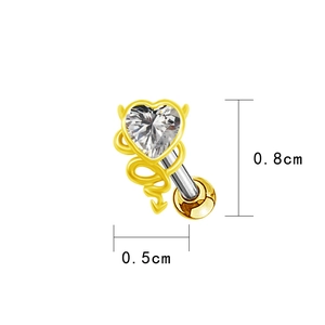 Macro view of gold heart stud earring with clear zircon and dimensions showing 0.8cm size