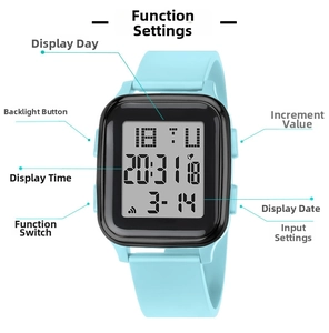 Detail of square digital sports watch with light blue silicone strap and backlit LCD display
