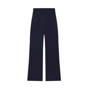 Pantalon large bleu foncé pour femme avec taille haute et détails de fermeture éclair