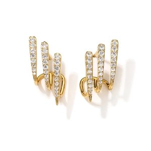 Elegant gold three-claw earrings with micro-paved white zircons on a white background