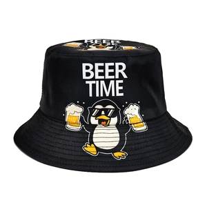 Funny Beer Time Penguin Print Bucket Hat Polyester Sun Protection Summer Outdoor Casual Sun Cap Unisex