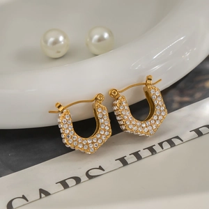 U-Shaped Hoop Earrings Stainless Steel 18K Gold Plated Rhinestone Pave Hypoallergenic Fashion Jewelry For Women