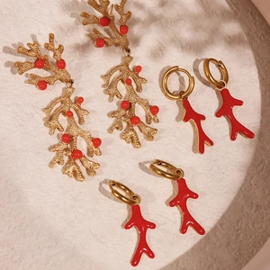 Coral Branch Drop Earrings Stainless Steel 18K Gold Plated Red Enamel Shell Artificial Pearl Ocean Style Jewelry For Women