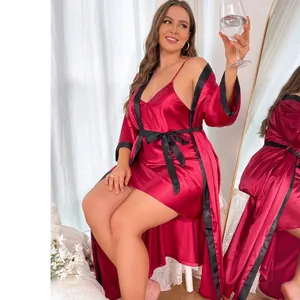 Women's burgundy silk satin pajama set with V-neck nightdress and belted long robe