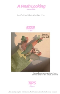 Three-piece set of matte green butterfly hair clips showing detailed sizes and dimensions