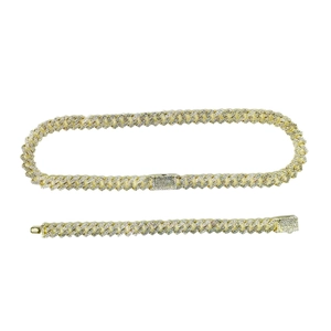 Iced out gold hip hop Cuban link chain necklace and bracelet set with sparkling rhinestones