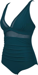 Detail of swimsuit featuring mesh patchwork inserts and slimming ruched belly design