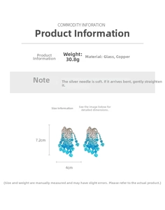 Detailed view of blue glass beaded tassel earrings with silver needle and size labels