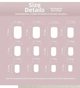 Guide des tailles pour faux ongles longs carrés avec 12 dimensions précises en mm