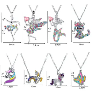 Detailed size chart for girl's fairy and unicorn pendant necklace collection