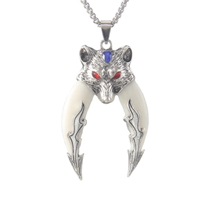 Wolf head necklace in stainless steel with red eyes and white acrylic tusks