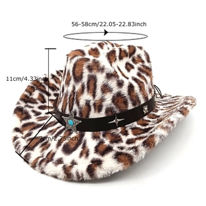 Chapeau de cowboy en peluche léopard avec boucle tête de taureau turquoise et mesures
