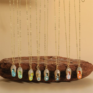 Evil Eye Slipper Pendant Necklace Gold Plated Copper Enamel Zircon Rhinestone Flip Flop Bohemian Style Women Jewelry