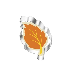 Close-up of a leaf-shaped stainless steel cookie cutter with autumn leaf visual