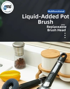 Brosse de cuisine à long manche avec réservoir de savon et tête en acier amovible pour vaisselle