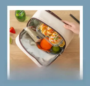 Detail of insulated lunch bag with thermal aluminum foil interior and wide zipper opening