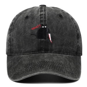 Vintage-Baseballkappe aus gewaschener schwarzer Baumwolle mit Stickerei: Katze mit Messer