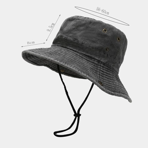 Dark gray washed cotton fishing hat with windproof cord and UV protection brim