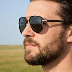 Close-up of polarized pilot sunglasses with black frames and silver bridge on model