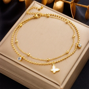 Dual-layer gold butterfly anklet with stainless steel beads and sparkling zircons