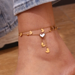 Double-layered 18K gold plated stainless steel anklet with heart pendants and white shell