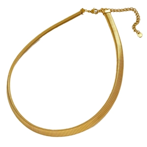 Minimalist gold-tone snake chain necklace with lobster clasp and extension link on white