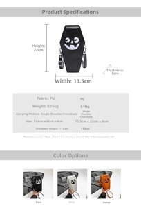 Size chart showing dimensions for coffin-shaped ghost pumpkin crossbody bags in PU