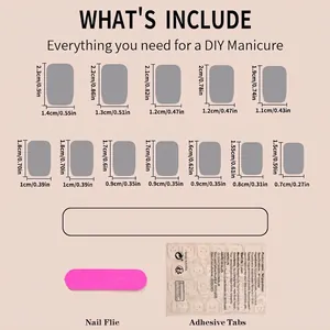 Size chart showing 12 dimensions of white French press-on nails with file and glue