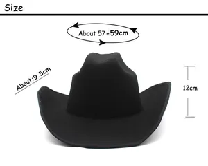 Size guide for black felt western cowboy hat showing 57-59cm circumference and 9.5cm brim