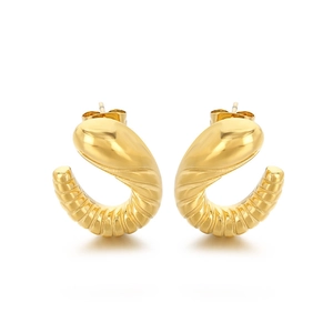 Minimalist 18k gold plated stainless steel spiral horn hoop earrings on white background