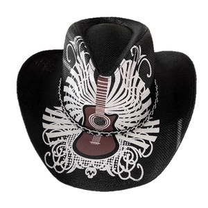 Chapeau de cowboy noir en paille avec motif guitare et chaîne en métal pour protéger du soleil