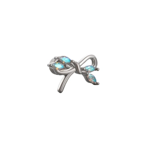 Silver bow stud earring with four marquise-cut opal stones in a butterfly shape