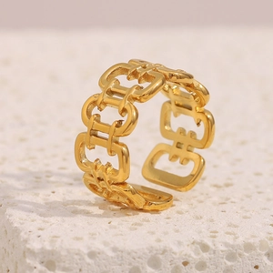 Stainless Steel Open Ring 18K Gold Plated Hollow Geometric Chain Link Wide Band Adjustable Fashion Jewelry For Women
