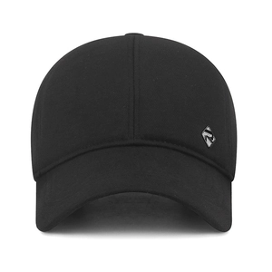 Winter black woolen baseball cap with metal R logo and ear protection for men and women
