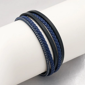 Bracelet multicouche pour homme en cuir avec cordons tressés bleus et fermoir acier