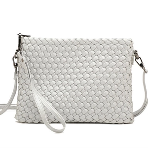White hand-woven crossbody bag with metallic zipper and versatile dual straps
