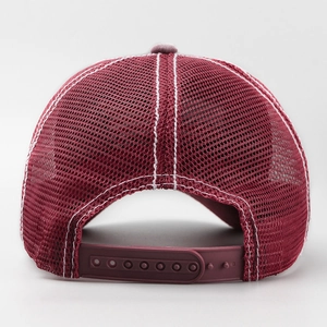Burgundy trucker baseball cap with American flag patch and breathable mesh back