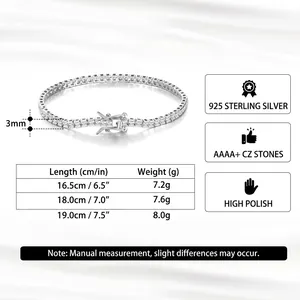 S925 Sterling Silber Tennisarmband mit 3mm quadratischen Zirkonia und Größenangaben