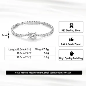 S925 Sterling Silver Tennis Chain Bracelet with 3mm square zircons and size specifications