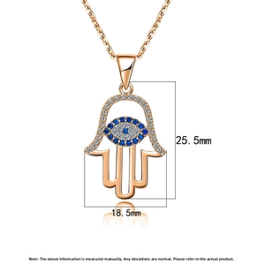 Detailed view of Rose Gold Hamsa pendant with Blue Evil Eye stones measuring 25.5mm by 18.5mm