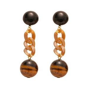 Retro resin chain earrings with tiger eye stone texture on a white background