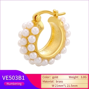 Classic 18k gold plated brass hoop earrings with elegant white pearl inlays for women