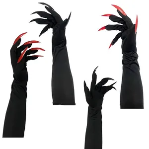 Long black Halloween opera gloves with sharp bloody red and dark nails for cosplay costume