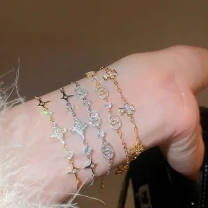 Funkelndes Kupferarmband Mit Zirkonia Stern Kreuz Ineinandergreifende Ringe Anhänger Verstellbarer Eleganter Schmuck Für Damen