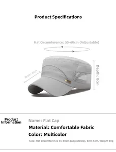 Detail view of light grey flat top cap showing breathable side mesh and size measurements