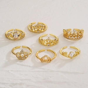 Crown Ring Copper 18K Gold Plated Zircon Palace Retro Adjustable Open Design Hollow Jewelry For Women
